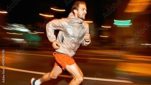 Energetic man running outdoors at night, illuminated by city lights, showcasing a dynamic and active lifestyle with motion blur