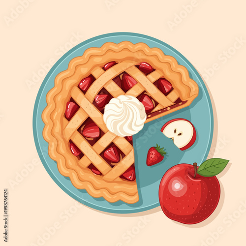 Delicious homemade apple pie with lattice crust and whipped cream.