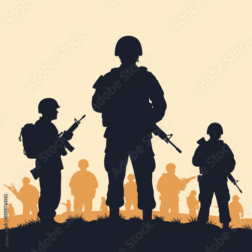 Silhouette of Soldiers Standing Guard with Rifles.