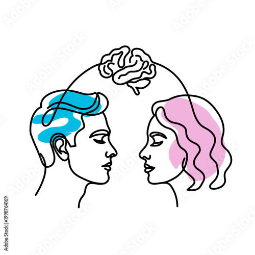 Abstract Line Art of Man and Woman Connecting Minds, Symbolizing Communication and Mental Health Dialogue