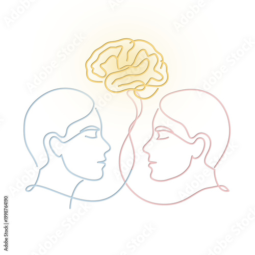Abstract Line Art Illustrating Mental Connection and Shared Thoughts Between Two Individuals