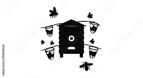A solitary beehive is surrounded by flying bees and collection jars, symbolizing apiculture and honey production.