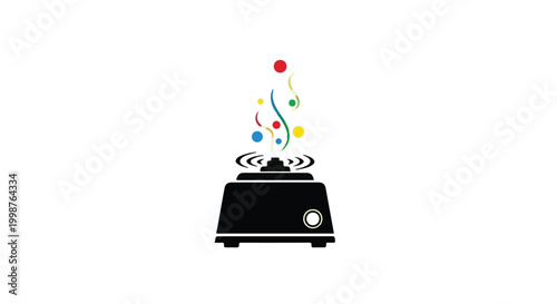 A small kitchen appliance emits colorful swirling particles and abstract shapes, suggesting cooking, food preparation, or culinary creativity.