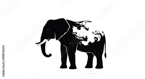 Elephant silhouette dissolves into abstract smoke or water patterns against a stark white background, symbolizing transformation or environmental change.
