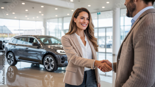 Professional woman and car salesman sealing a deal with a handshake in a bright, contemporary automobile showroom