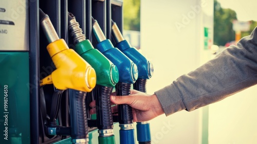A persons hand reaching for a colorful fuel pump nozzle at a gas station, illustrating the process of refueling a vehicle and the energy industry