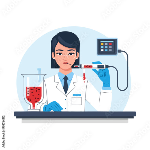 Scientist performs blood test in laboratory with equipment.