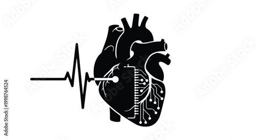 Heart organ integrated with circuit patterns represents the convergence of biological systems and advanced medical technology.
