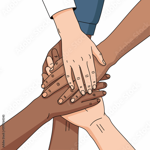 Diverse group of people stacking hands together in unity.
