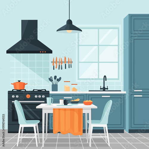 Modern Kitchen Interior Design with Dining Table and Chairs.