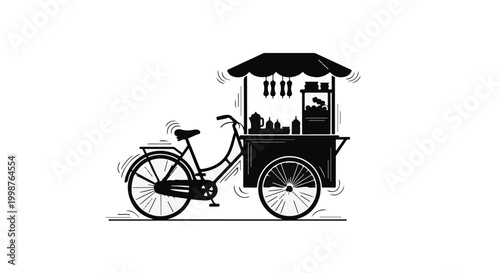 Bicycle food cart stands ready for street service with snacks and drinks prepared for hungry customers.