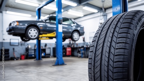 Car tire in the foreground of a busy auto repair shop, with a vehicle elevated on a hydraulic lift for service and maintenance