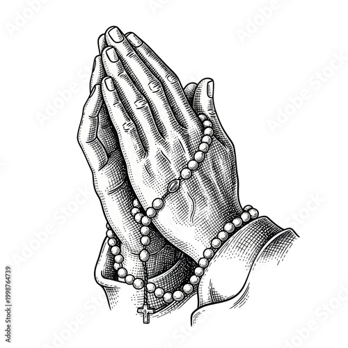 Praying Hands with Rosary Beads, Religious Symbol, Vintage Sketch