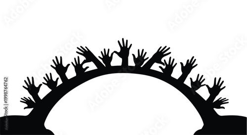 Silhouette of numerous hands reaching upwards from an arched base, symbolizing unity or aspiration.
