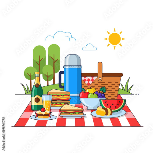 Summer picnic in the park with food, drinks, and basket.