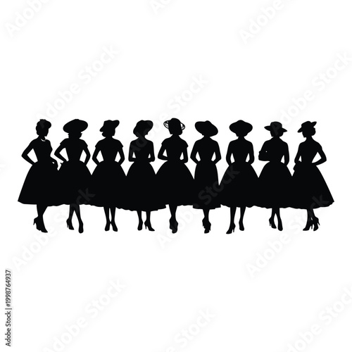 Group of vintage style women silhouettes dressed in long dresses and hats standing together