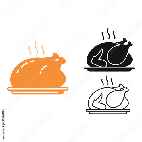 Illustrations of roasted turkey in different cooking styles on transparent background for food design projects