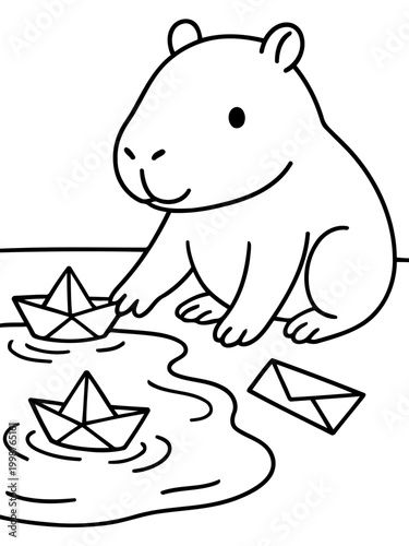 Playful Capybara with Paper Boats: A charming illustration shows a capybara interacting with paper boats, evoking feelings of innocence and playfulness, symbolizing carefree moments and childhood fun.