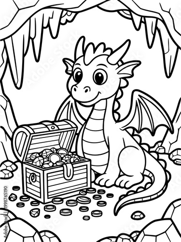 Dragon's Treasure: A cartoon dragon sitting beside a treasure chest overflowing with gold coins in a cave, evoking fantasy.