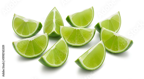 Fresh green lime wedges on white background 