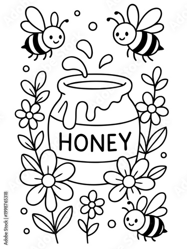 Sweet Bee Haven: A charming illustration depicts honey cascading into a jar, surrounded by buzzing bees and blossoming flowers.