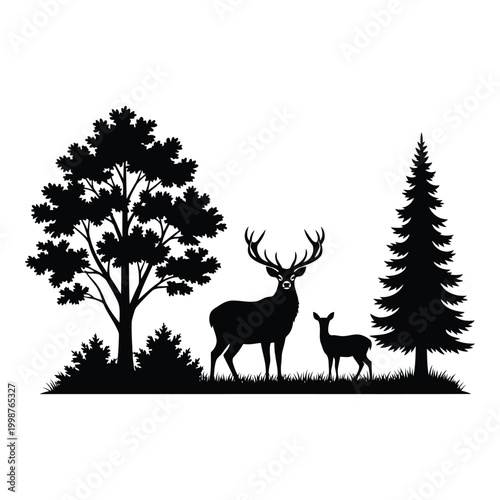 Majestic stag with large antlers and a young deer standing peacefully in a forest clearing amidst silhouette trees and grassy terrain