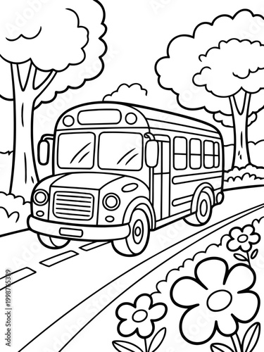 School Bus in Scenic Route: A charming school bus cruises down a picturesque road. This delightful illustration captures the essence of childhood adventures, promising an exciting journey.