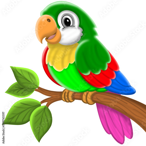 Colorful Parrot Sitting on Branch Cartoon Illustration