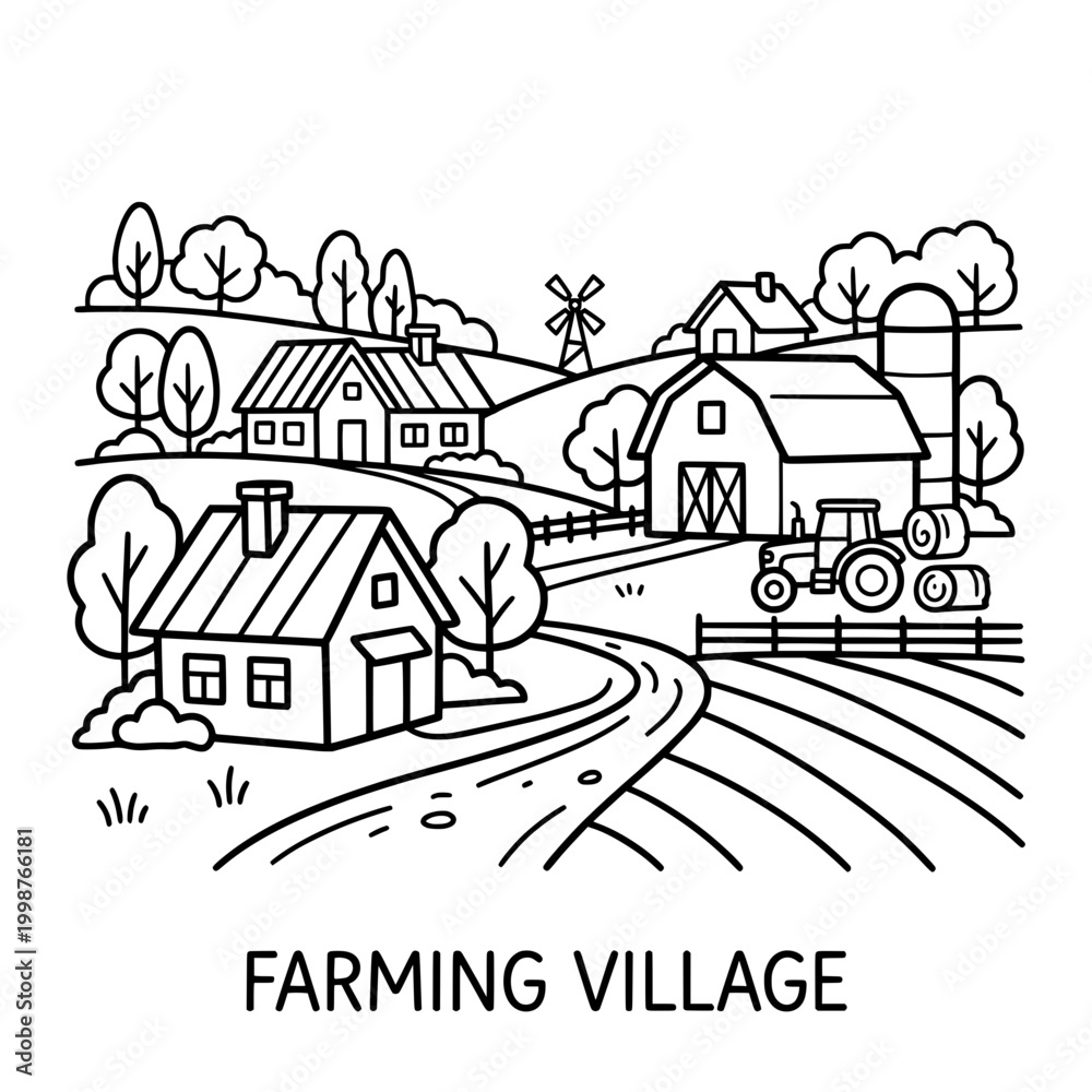 Obraz premium Black and White Illustration of a Farm Village with Fields and Tractor.