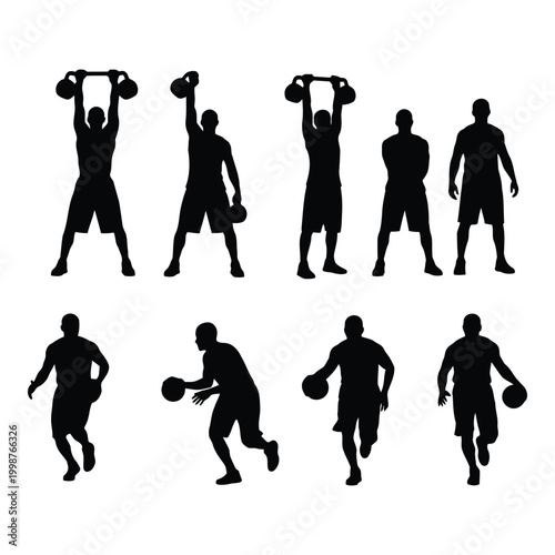 Set of diverse silhouettes performing various basketball and weightlifting exercises for fitness training visuals