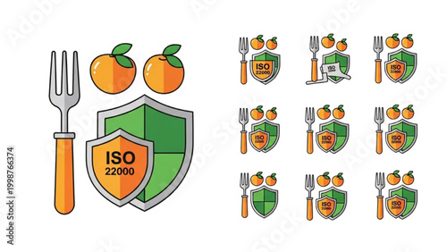 ISO 22000 Food Safety Management Vector Icon Set, Green and Orange Fork and Shield Symbols for HACCP Compliance, Quality Control, and Hygiene Standards