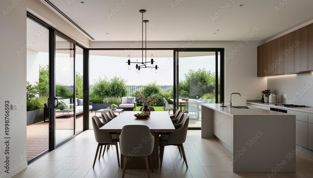 Fototapeta premium Modern Dining Elegance: A stylish dining area exudes a sense of refined living. Floor-to-ceiling windows offer panoramic views of an outdoor terrace, bathed in natural light.