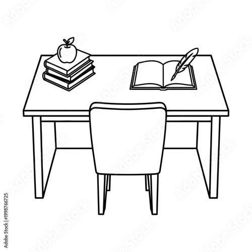 Line art drawing of a study desk with a chair, a stack of books topped with an apple, and an open book with a quill pen, depicting a learning or writing setup.