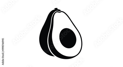 Avocado fruit shows a simple black silhouette of a halved piece with a centered round seed inside.