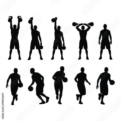 Silhouette of men exercising with dumbbells and basketballs in various fitness poses on white background