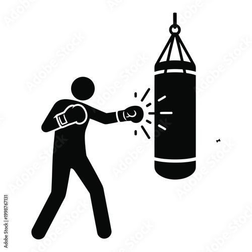 Silhouette person wearing boxing gloves hitting a large punching bag with motion lines indicating impact in a dynamic training session