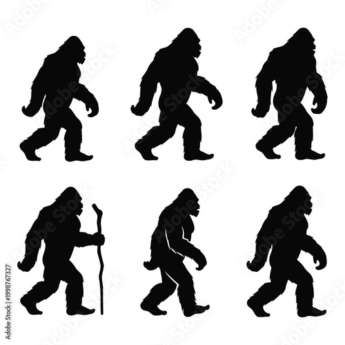 Six black silhouette illustrations of the mythical Bigfoot creature walking and one holding a primitive wooden stick isolated on a white background