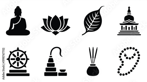 Buddha purnima celebration icons set with lotus leaf temple prayer beads wheel incense stupa and buddha silhouettes on white background