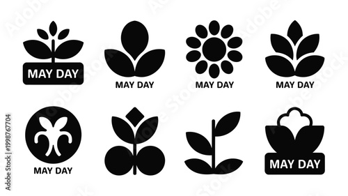 Collection of clean and simple may day icons featuring floral and plant motifs symbolizing spring nature and labor holidays with minimalist black silhouettes on a white background