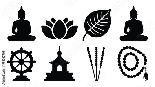 Serene buddhist icons collection meditating buddha silhouettes sacred lotus flower dharma wheel pagoda temple incense sticks and prayer beads for spiritual and cultural design