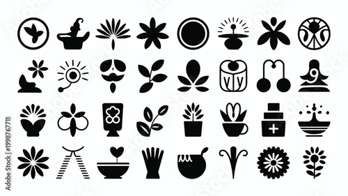 Diverse collection of stylized botanical and floral icons representing nature growth and organic elements in a balanced grid layout perfect for eco friendly themes