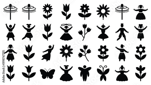 Collection of black silhouettes featuring people dancing and various flowers and plants on white background