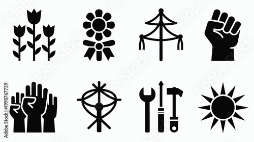 May day icon bundle featuring geometric symbols for labor nature and tools on white background