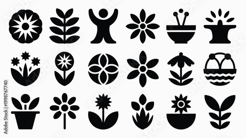 May day symbols modern icon sheet with flowers plants and celebration motifs in black on white background