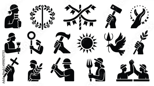 May day icons set including labor peace and environmental symbols in black silhouette on white background