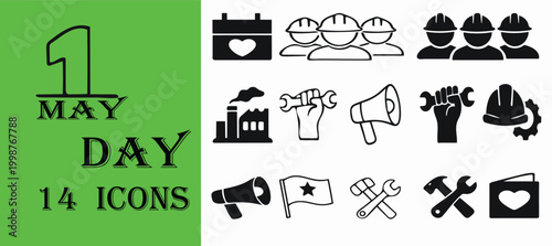 International Workers' Day icon set, 14 black vector icons for May Day, labor, and industry.