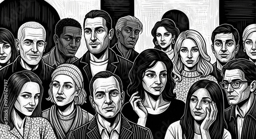 Diverse group of people illustration in black and white.