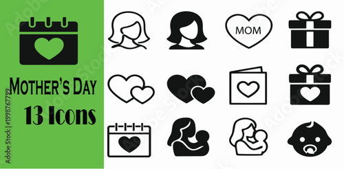 Happy Mother's Day flat icon collection with baby, gift, heart, and maternal symbols.