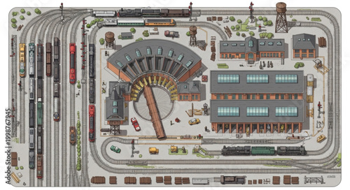 Detailed Model Train Layout with Multiple Tracks and Buildings.