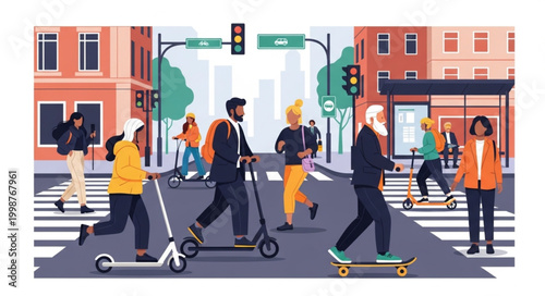 Diverse group of people crossing city street on scooters and skateboards.